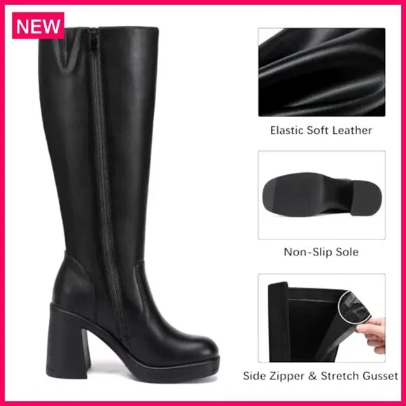 Knee High Boots Chunky Heel Square Toe Platform Side Zipper Tall Boots - Picture 7 of 8
